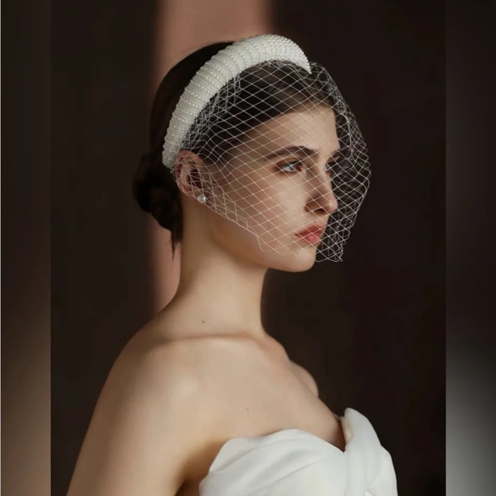 French Netting Birdcage Headband Veil with Pearl